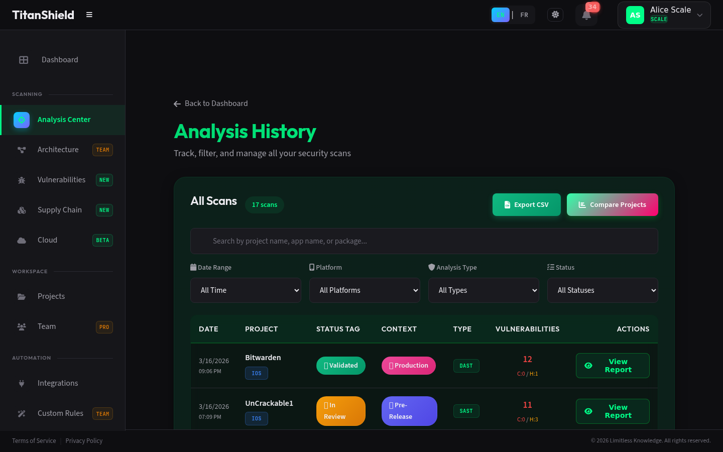 Scan history showing real analysis results